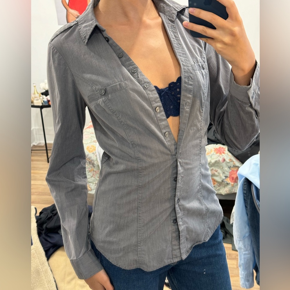 Office Siren Core Gray Button Down Shirt Blouse